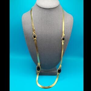 Vintage Gold Tone Herringbone Necklace Black Teardrop Cabochons 32"